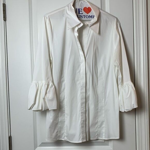 BCBGMaxAzria Tops - BCBG Maxazria White 3/4 Sleeve Button-Down with Ruffles Sleeves Size Large